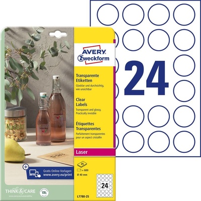 Avery-Zweckform L7780-25 Ø 40 mm prehľad produktov fólie priehľadná 600 ks trvalé Fóliové etikety laser, kópie