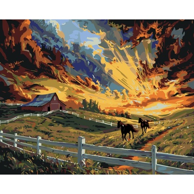 ZUTY KONE V OHRADE STAJŇA A VÝCHOD SLNKA Rámovanie bez rámu a bez vypnutia plátna Rozmer 80 x 100 cm