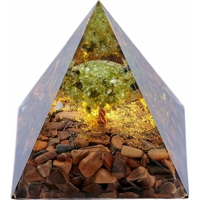 Nefertitis Orgonit pyramida s tygřím okem Strom života z olivínu NF43185 - 6 x 6 x 6,6 cm