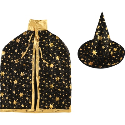 Klobouk čarodějnický + plášť průměr 38cm černo-zlatý v sáčku – Sleviste.cz