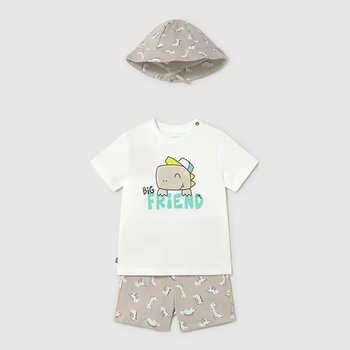 Mayoral Комплект трико бяла тениска Friend, къси бежови панталони дино и шапка с периферия за мини момче Майорал