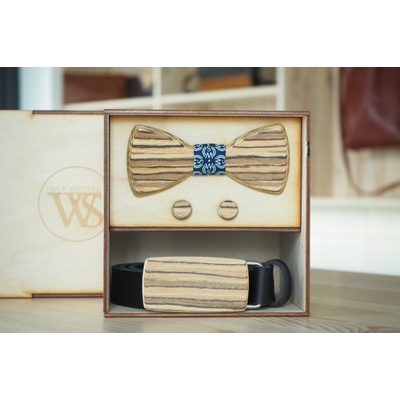 Wood Style Set Kulatý Zebráno opasek motýlek a manžetové knoflíčky WS Modrotisk