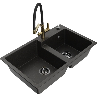 Mexen Tomas двукомпонентна гранитна мивка с кухненски смесител Duo, черно/златен металик - 6516-75-671701-57-B (6516-75-671701-57-B)