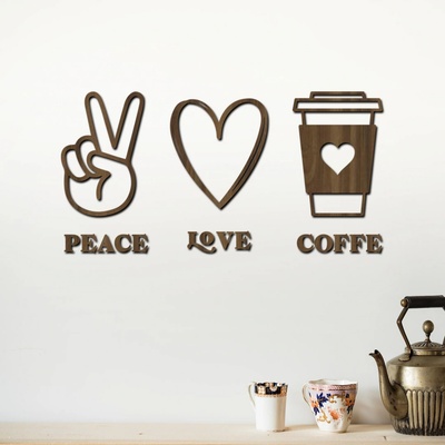 dřevo života Dřevěná dekorace na zeď Peace, love, coffee Rozměry (cm): 80x40, Zvolte barvu dekoru: Ořech