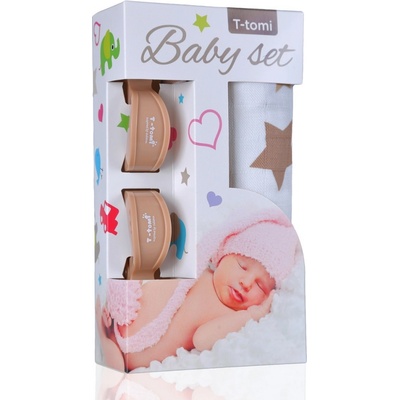 T-Tomi Baby set bambusová osuška beige stars / béžové hvězdičky + kočárkový kolíček beige / béžová 339