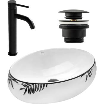 Image 1 of Rea Комплект Умивалник за плот Shila + Смесител за баня Lungo black matt + Изпускателен клапан black matt (KPL-09997)