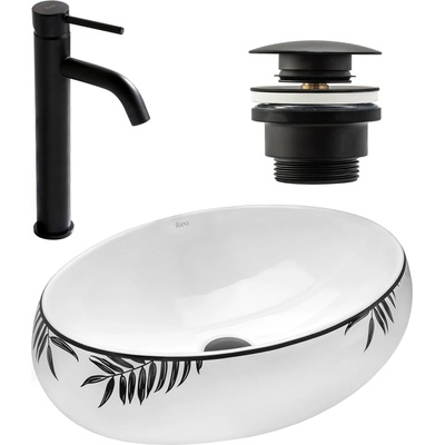 Rea Комплект Умивалник за плот Shila + Смесител за баня Lungo black matt + Изпускателен клапан black matt (KPL-09997)