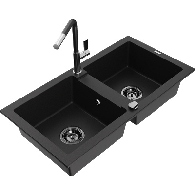 Mexen Mario гранитна кухненска мивка с 2 отделения и кухненски смесител Flora, черен - 6504-77-670401-07-B (6504-77-670401-07-B)