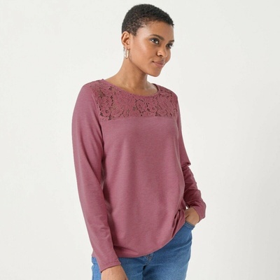 Blancheporte Tričko s okrúhlym výstrihom dlhými rukávmi a čipkou ružové drevo melír