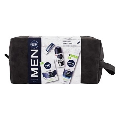 Nivea Men Feeling Sensitive : balzám po holení Men Sensitive 100 ml + gel na holení Men Sensitive 200 ml + antiperspirant roll-on Black & White Invisible Original 50 ml + balzám na rty Labello Men Act