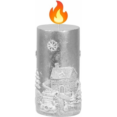 Sviečka MagicHome Vianoce, 7x12,5 cm, valcová, strieborná, s 3D krajinkou