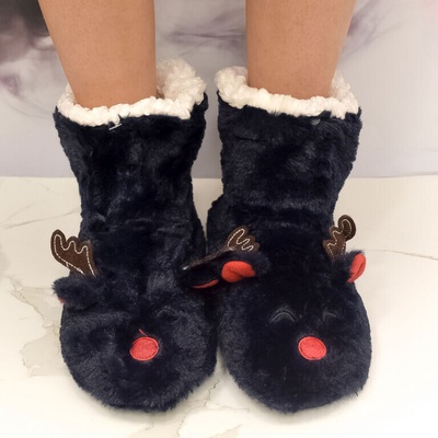 Reindeer Bliss Detské tmavomodré plyšové ponožky