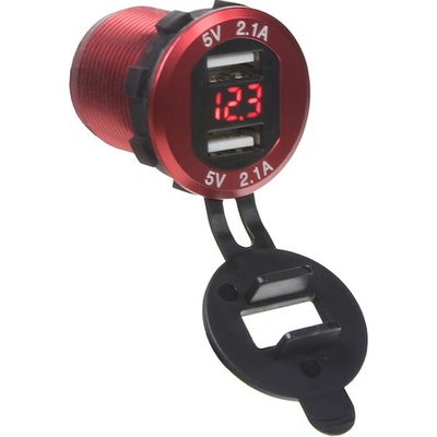 2x USB nabíječka s voltmetrem, hliníková do panelu, červená, 34565R