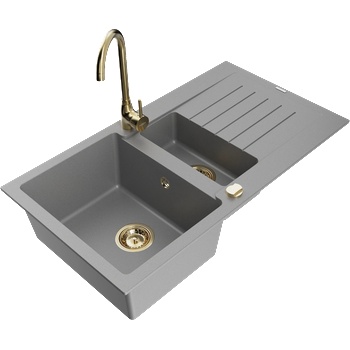 Mexen Matias гранитна мивка 1, 5-камерна с дренаж и кухненски смесител Telma, сив - 6502-71-670200-50 (6502-71-670200-50)