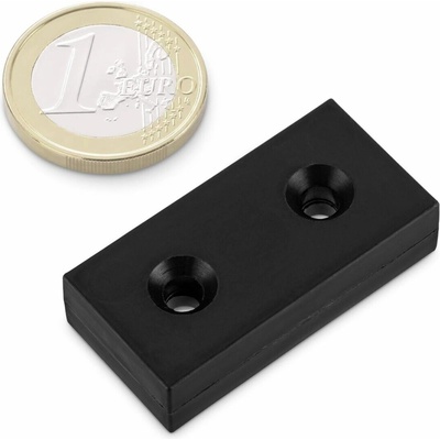 Neodymový magnet kvádr 39 × 19 × 10 mm, černý, vodotěsný plast, 2 otvory M4, síla 13 kg