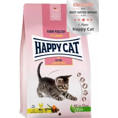Happy Cat Young Kitten Farm Poultry - храна за подрастващи котенца на възраст от 2-рия до 6-ия месец, с пилешко, сьомга, яйца, моркови, 4 кг, Германия - 70536