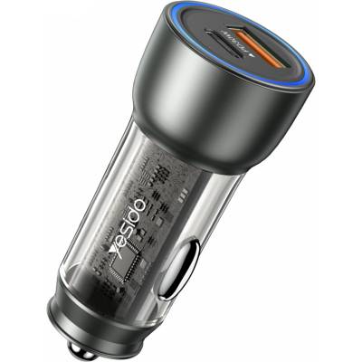 YESIDO Автомобилно зарядно - Yesido Y49 - USB-A + Type-C, LED светлина, fast charge 30W - Сиво