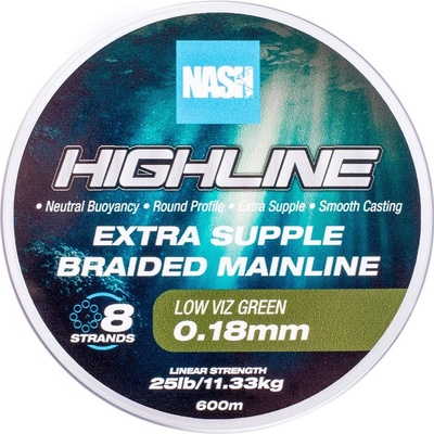 Nash Splietaná šnúra Highline Extra Supple Braid Green 600 m 0,18 mm 11,3 kg