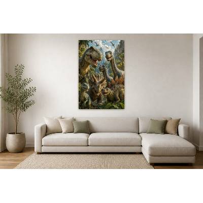 Obraz na plátně – Skupina dinosaurů v zelené krajině 90 × 135 cm