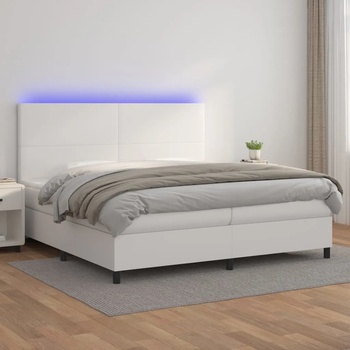 vidaXL Боксспринг легло с матрак и LED бяло 200x200 см изкуствена кожа (3135844)