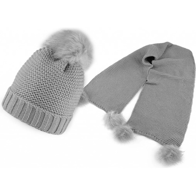 sada čepice a šála s bambulemi šedá