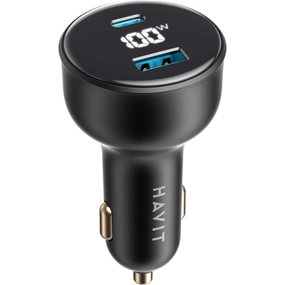 Havit - Зарядно за кола (CC100W) - USB, Type-C, PD100W, PC, с цифров дисплей - Черно