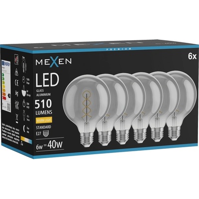 Mexen Vintis 6x LED спирална филтaмент крушка E27, G95, 6W, Топла - 2700K, 510 lm, димно (L167-E27-0627-70x06)
