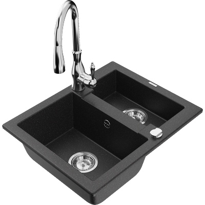 Mexen Carlos гранитна мивка с полуторен басейн с кухненски смесител Savita, черен/сребърен металик - 6518-73-672601-00 (6518-73-672601-00)