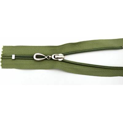 Špirálový zips č. 5 - nedeliteľný - svetlá khaki so striebornou slzou - dĺžka 16 cm