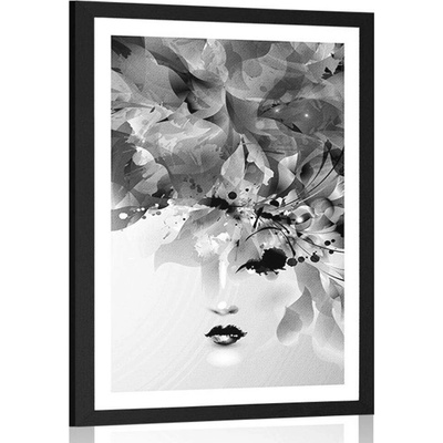 Plakát s paspartou módní ženská tvář s abstraktními prvky v černobílém provedení - 40x60 black