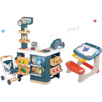 Smoby Set obchod elektronický s váhou a skenerom Super Market a školská lavica na kreslenie s odkladacím priestorom a doplnkami