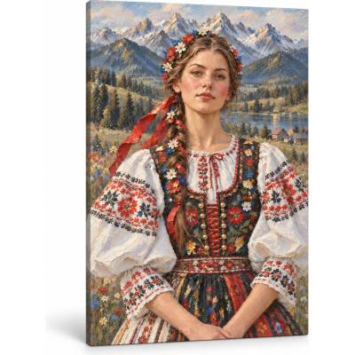 Papilora Obraz dievčaťa v slovenskom kroji na plátne – s ručne maľovanými detailmi - 60x90 cm