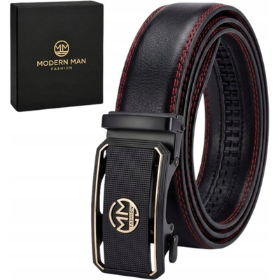 MM FASHION MODERN MAN PÁSEK PÁNSKÝ ČERNÁ KŮŽE AUTOMATICKÁ SPONA ČERVENÉ LEMOVÁNÍ DÁREK