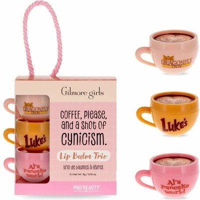 Mad Beauty Gilmore Girls Mad Beauty Gilmore Girls Honey balzam na pery 3 g + Mad Beauty Gilmore Girls Raspberry balzam na pery 3 g + Mad Beauty Gilmore Girls Coconut balzam na pery 3 g