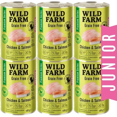 WILD FARM Premium Grain Free Chicken and Salmon Junior 6x400g - беззърнена храна за котенца