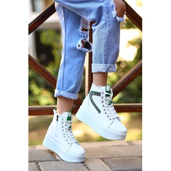 Erbil Shoes Дамски спортни боти с връзки и цип - Бели със Зелен #405536 (405536_Бяло)