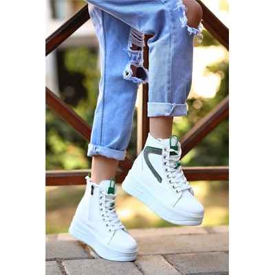 Erbil Shoes Дамски спортни боти с връзки и цип - Бели със Зелен #405536 (405536_Бяло)