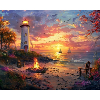 ZUTY Obrazy na stenu - TÁBORÁK NA PLÁŽI, MAJÁK A ZÁPAD SLNKA Rámovanie: bez rámu a bez vypnutia plátna, Rozmer: 40x50 cm