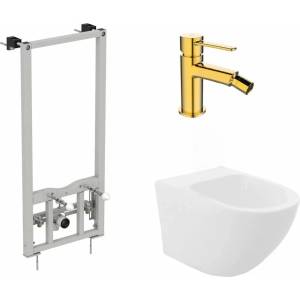 Ideal Standard Комплект монтажна рамка Ideal Standard ProSys, окачено биде Rea Carlo бяло и смесител за биде Glamour златист (R016267+5902557330355+BB-02-009-V)