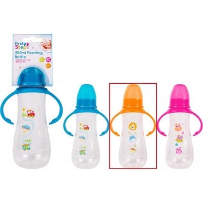 First Steps Feeding Bottle kojenecká lahev čirá s úchopy Zoo oranžová 250 ml