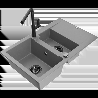Mexen Gaspar гранитна мивка с 1, 5 камери и отцедник и кухненски смесител Flora, сив - 6507-71-670401-70-B (6507-71-670401-70-B)