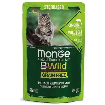Monge BWILD Grain Free Sterilised с глиганско и зеленчуци - пауч с хапки в сос, без зърнени храни - за кастрирани котки в зряла възраст 85 гр