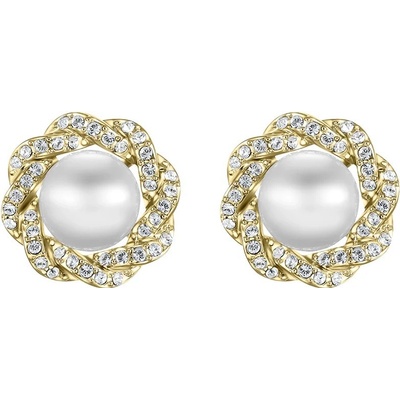 CRYSTalp Luxusní pozlacené náušnice s krystaly a perlou Rich pearl 42310.G