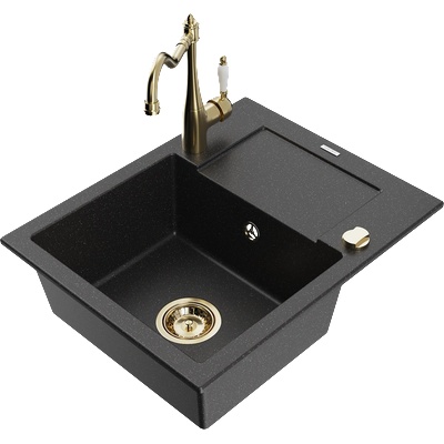 Mexen Enzo гранитна мивка с една камера и отцедник и кухненски смесител Carla, черен/сребърен металик - 6506-73-670700-50 (6506-73-670700-50)