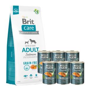 Brit CARE Без зърнени култури за възрастни котки със сьомга 12кг + WILD FARM Superfood Salmon 6x400g беззърнена храна за кучета