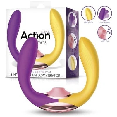 Action Two Lovers Couples Vibe 3in1 with Finger and Suction Yellow-Purple