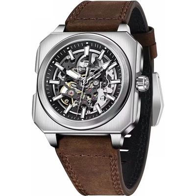 Pagani Мъжки часовник Pagani Design Magnetic, Автоматичен, Естествена кожа, Скелетон, Сребрист / Кафяв (PD-1791-BROWN-SILVER)
