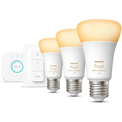 Philips Hue LED žiarovky a Bridge Starter Kit set 3x8W E27 1100lm 2200-6500K -sada 3ks, stmievateľné, ZigBee, Bluetooth, diaľkové ovládanie, White Ambiance, biela