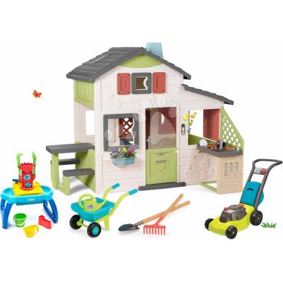 Smoby Set domeček Přátel a stůl pískoviště s mlýnem Friends House Life rozšiřitelný s kuchyňkou a elektronickým zvonkem a sekačkou s kolečkem – Hledejceny.cz
