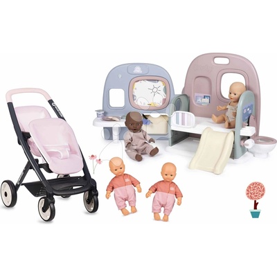 Smoby Set pre dvojičky bábiky v škôlke Twin Pushchair Pink Maxi Cosi&Quinny a domček s 5 hernými zónami